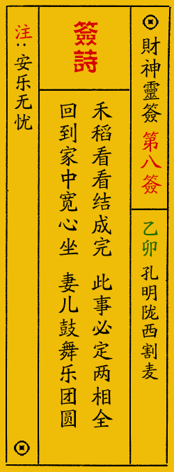 财神爷灵签 第：8签 财神灵签释义解释落实