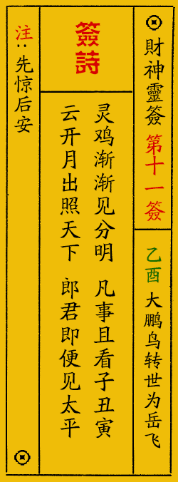 财神爷灵签 第：11签 财神灵签释义解释落实