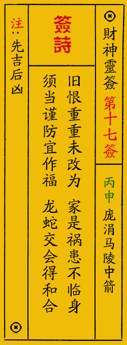 财神爷灵签 第：17签 财神灵签释义解释落实