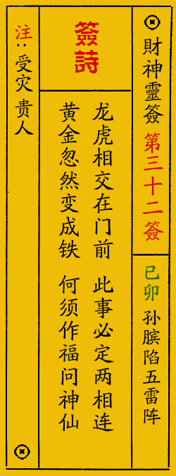 财神爷灵签 第：32签 财神灵签释义解释落实