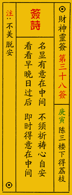 财神爷灵签 第：38签 财神灵签释义解释落实