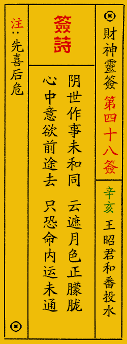财神爷灵签 第：48签 财神灵签释义解释落实