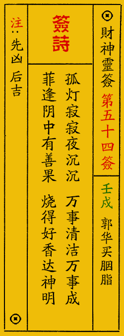 财神爷灵签 第：54签 财神灵签释义解释落实