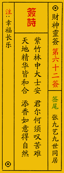 财神爷灵签 第：62签 财神灵签释义解释落实